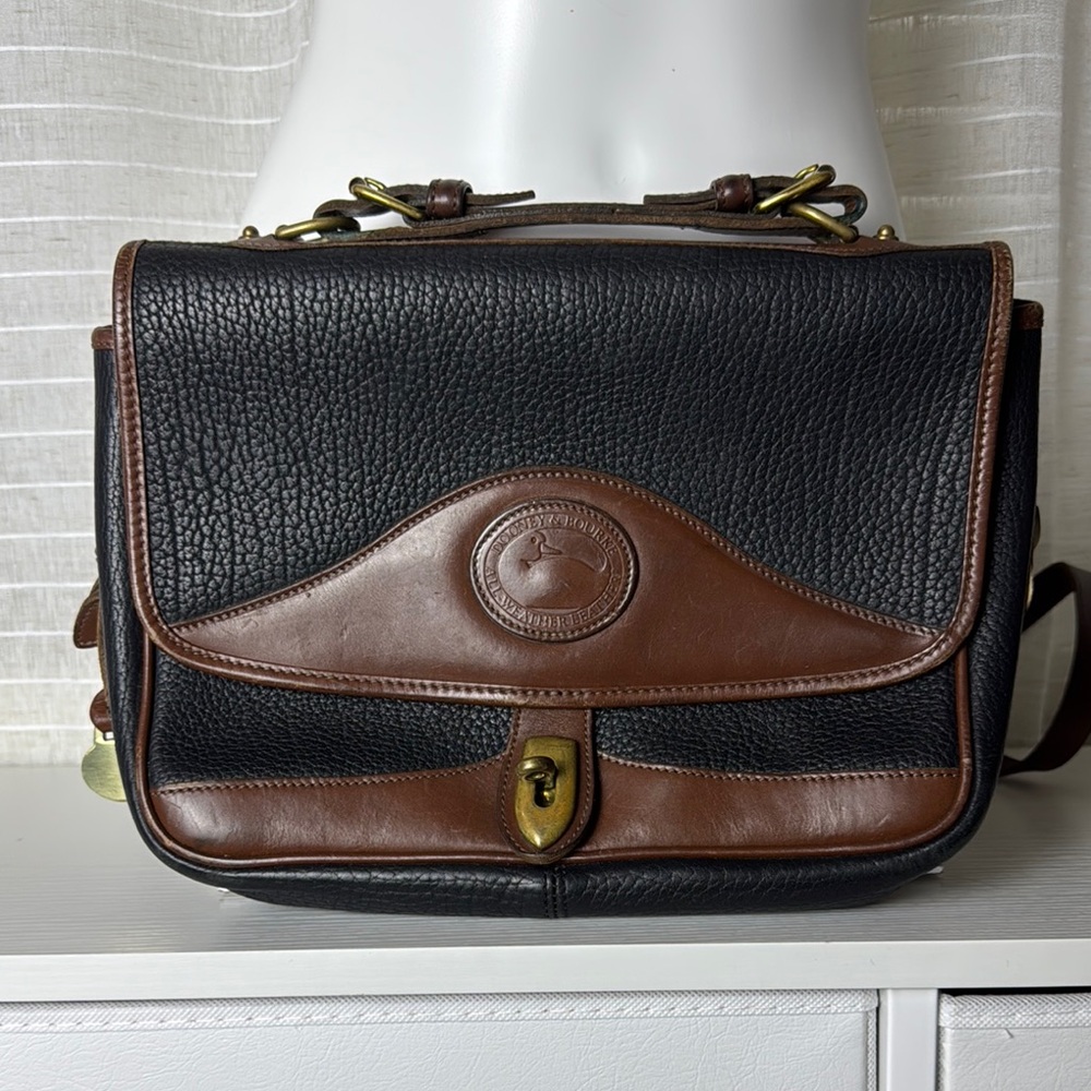 Vintage Dooney & Bourke Black and Brown Messenger Bag with Structured Design